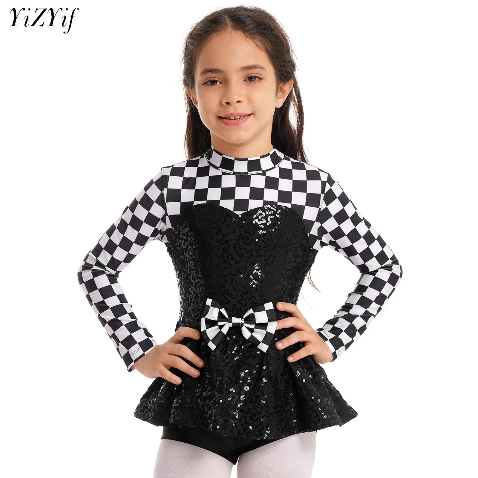 Sequins Checker Print Girls Ballet Modern Jazz Latin Dance Leotard Dress for Stage Performance Halloween Circus CRacer Costume