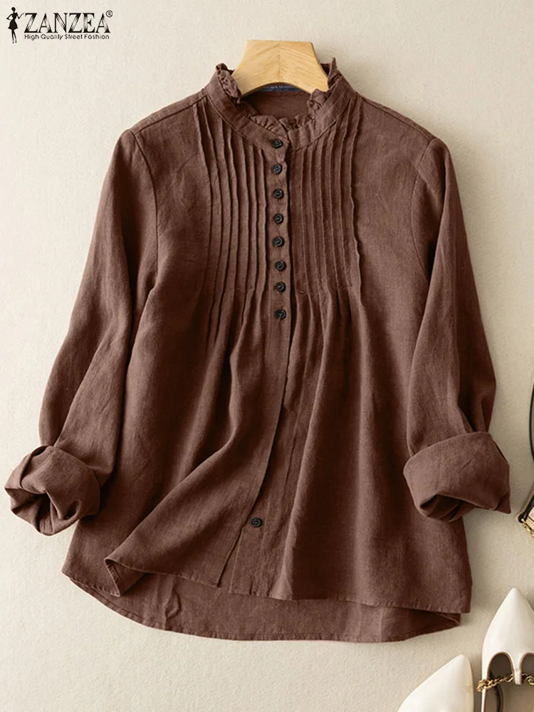 

Spring Long Sleeve Solid Party Blouse ZANZEA Women Vintage Pleated Shirt Casual Elegant Buttons Down Blusas Female Loose Tops