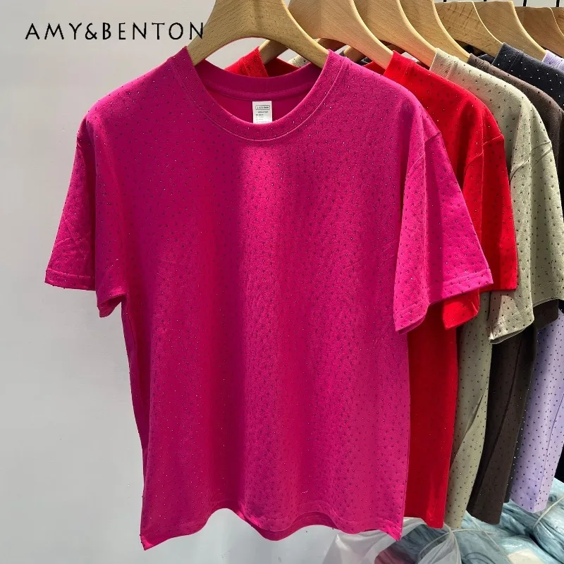 

Summer New Korean Style Full Print Small Rhinestone Design Short Sleeved T-shirt Women's Y2k Multi-Color Loose Slimming Top Tees