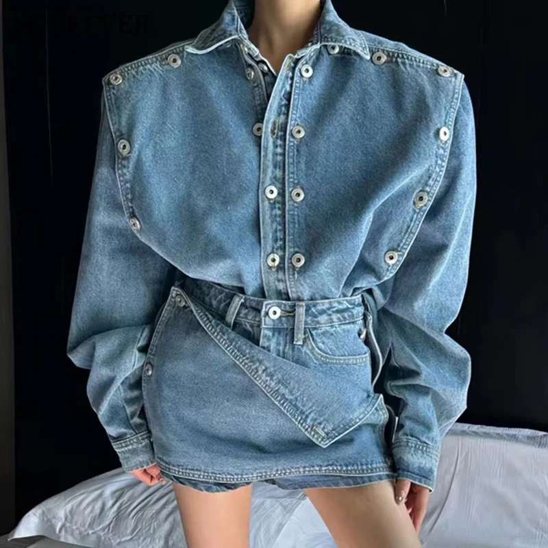 

BGTEEVER Spring Fashion Ladies 2 Pieces Set Long Sleeve Double Breasted Jean Jackets & Mini Shorts Skirt Vintage Women Denim Set