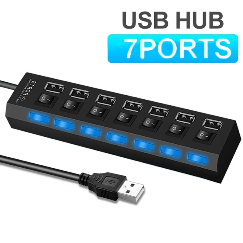 

USB 2.0 Hub USB Hub 2.0 Multi USB Splitter Hub Use Power Adapter 7 Port Multiple Expander 2.0 USB Hub With LED USB Switch For PC