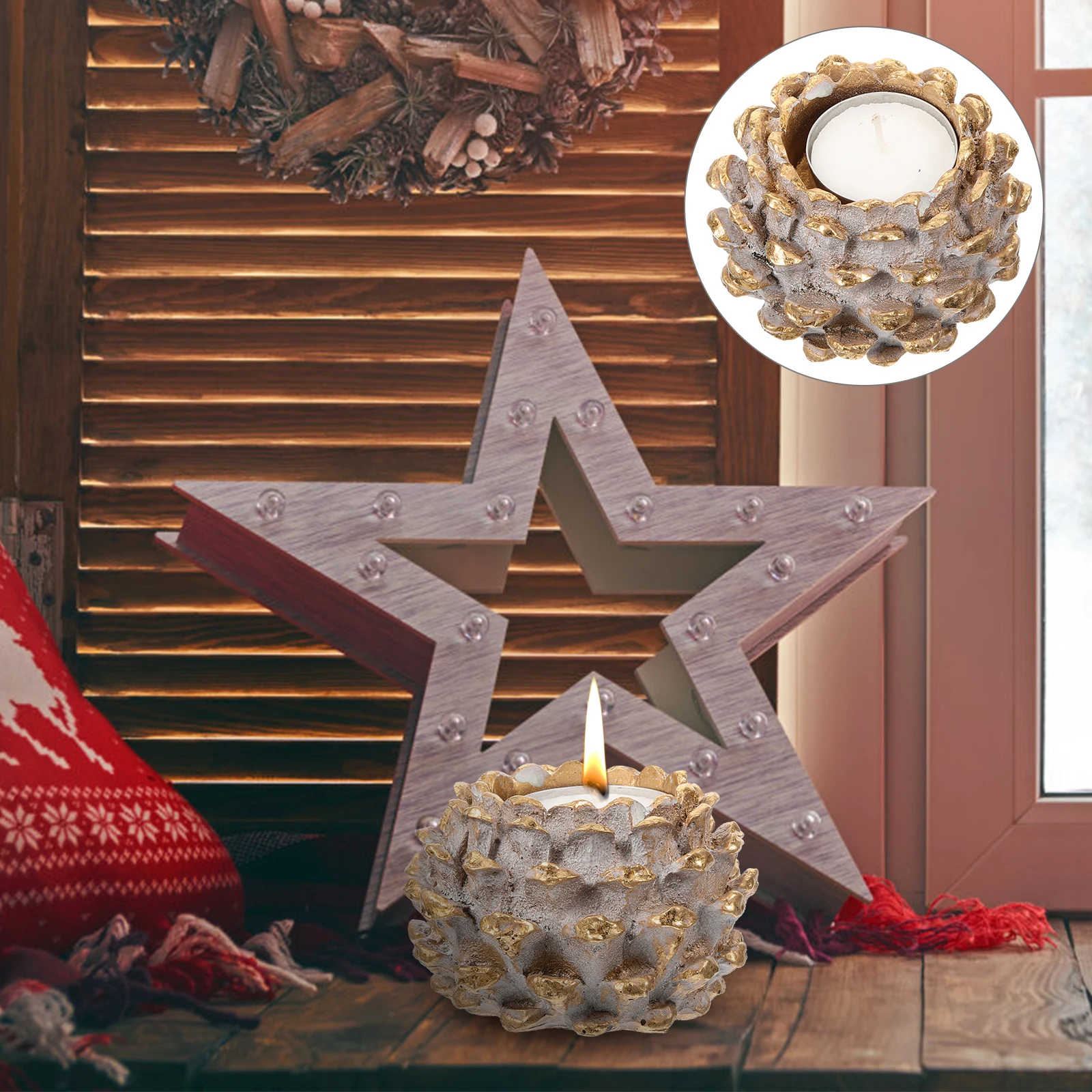 Pine Cone Shaped Resin Holder Vintage Style Christmas Tabletop Decoration Desktop Ornament Xmas Party Candlestick Stand