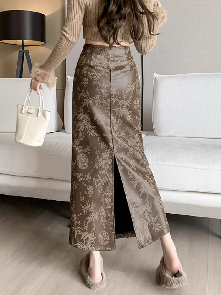 

Jacquard Leather Skirt Women 2024 New Y2k High Waist Long Skirt Female Package Hip Skirt Long Style Harajuku