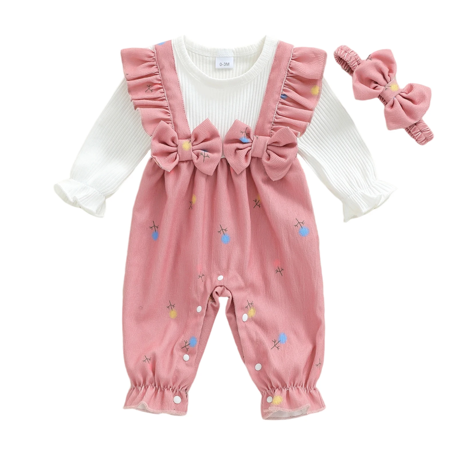 

2Pcs Infant Baby Girl Fall Outfit Long Sleeve Crew Neck Bow Decor Patchwork Romper with Headband Set