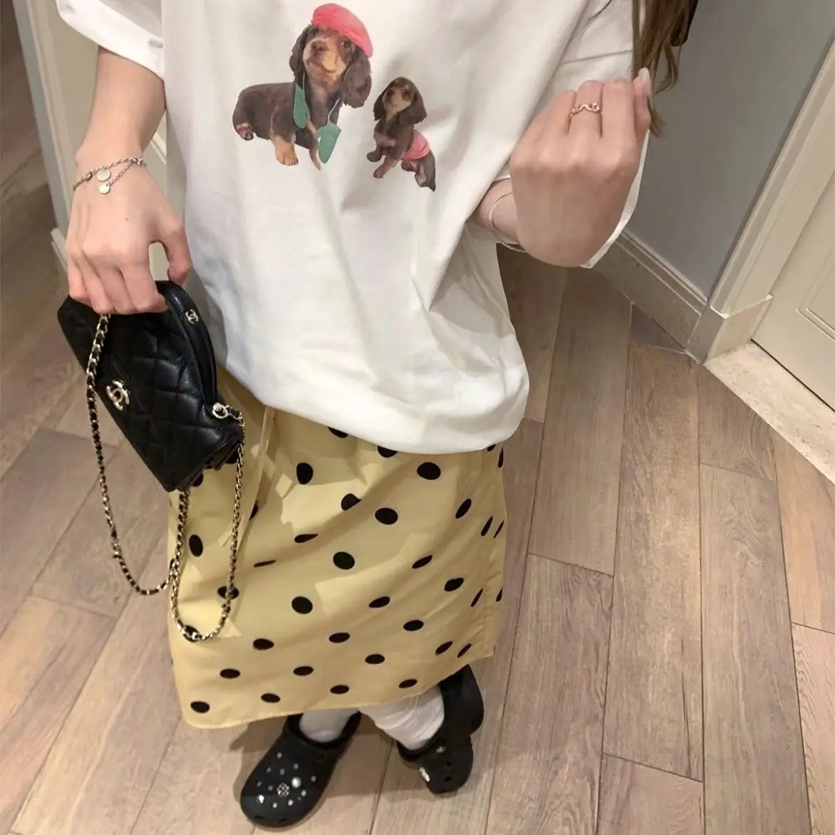 Korean 2026 Summer Outfit Elastic Waist Polka Dot Skirt Women New Slimming Yellow Mid Length Skirts