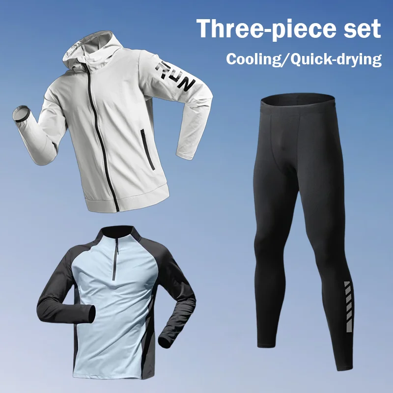 

2025 Men's Gym Training Three-piece Set Sportswear Running Tracksuit Jacket Pant Outdoor Workout Morning Run Clothing