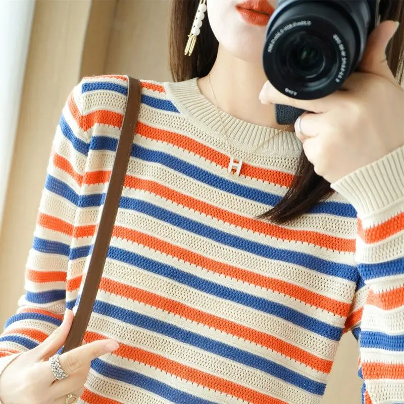 Simplicity Autumn Sweaters New Women\'s O-Neck Striped Hollow Out Contrast Color Fashion Loose Long Sleeve Pullovers Knitted Tops