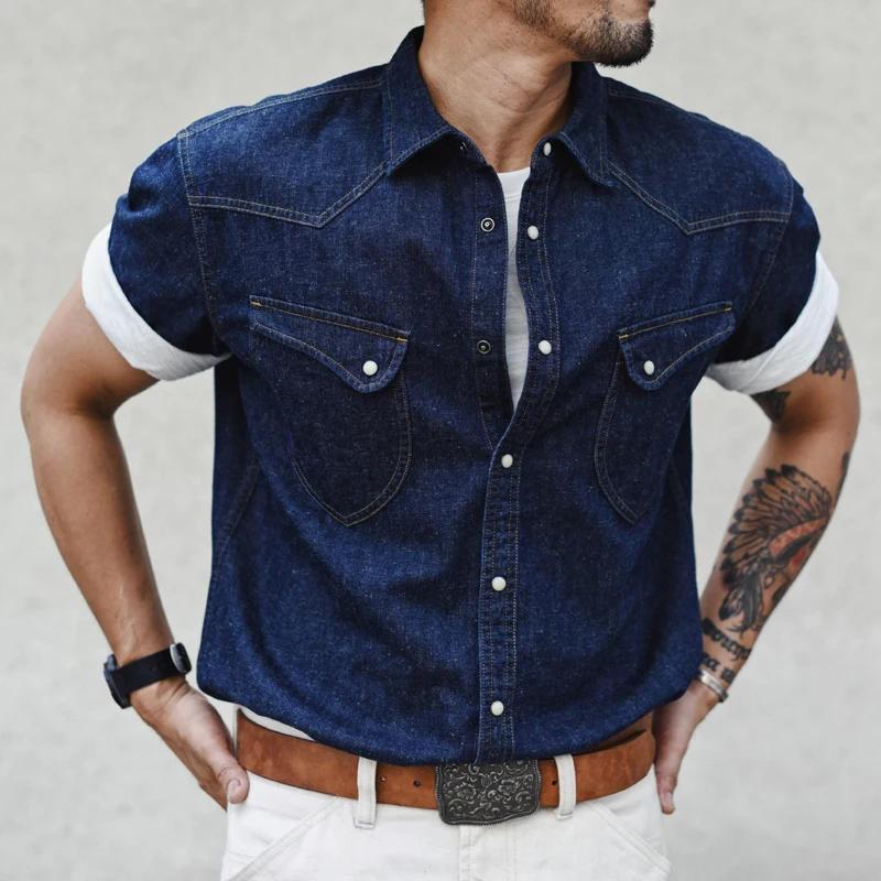 Sauce Zhan  Mens Shirts Summer Short Sleeve Vintage Linen Indigo Denim Shirt Double Pockets Regular Fit