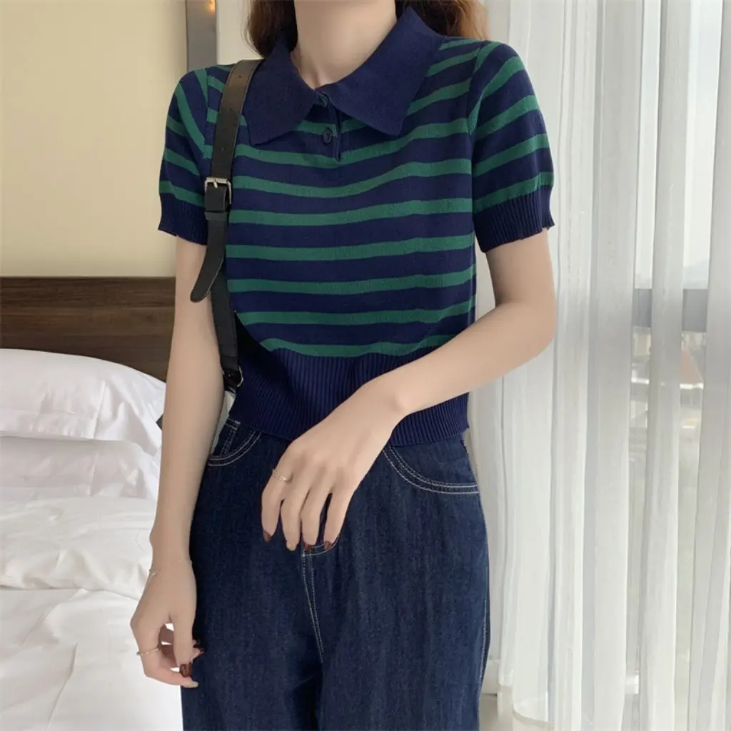 

Elegant Retro Stripes Knitted Shirt European And American Style Sexy Spring Fall Short-Sleeved Slim Fit Collar Fashion