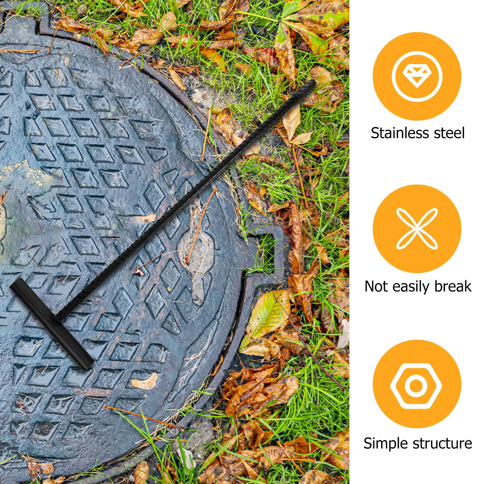 Manhole Cover Hook Steel 50cm Heavy Duty Ergonomic Long Handle Sewer Drain Lifting Grate Tool Sewer Hook Drain Lifting Hooks