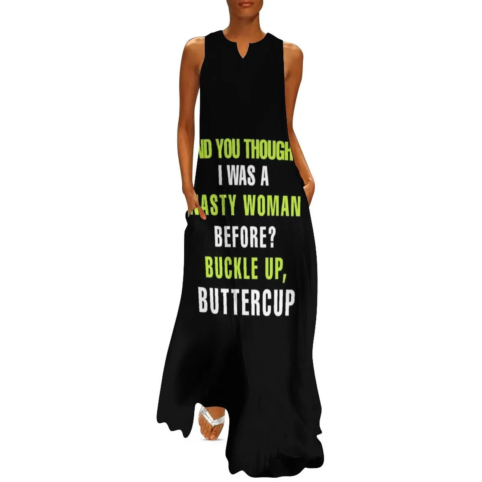 Camiseta Whoopi Goldberg - E VOCÊ GAS UM MULHER NASTY BEFORE BUCKLE UP BUTTERCUP Vestido longo vestido de noite mulher