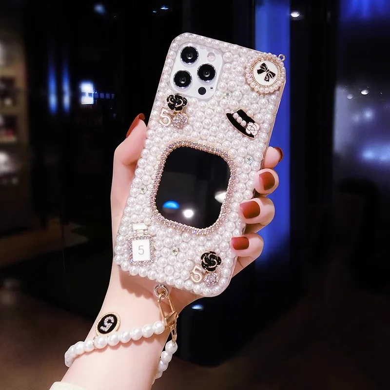 

Luxury Bling Rhinestone Mirror Pearl Flower Case Capa For Samsung GalaxyA22 A32 A52 A71 A51 A73 A53 A33 A55 A54 A34 Phone Cover