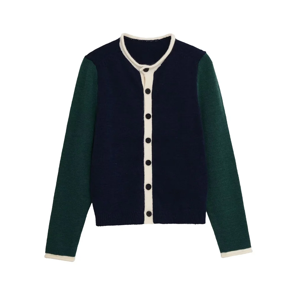 

Осенний новый женский повседневный, милый, модный, ленивый, контрастного цвета, вязаный кардиган с круглым вырезом и длинными рукавами