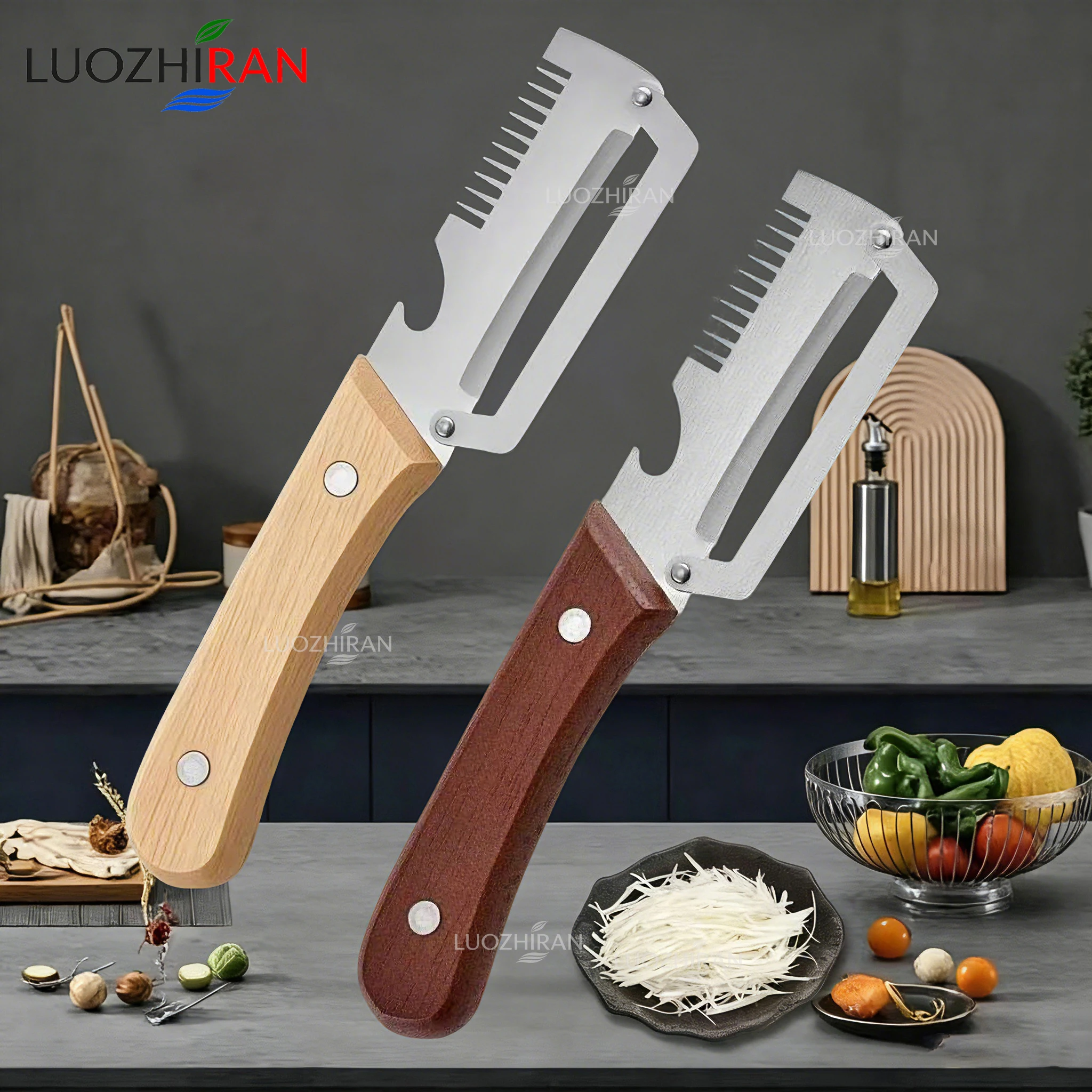 Versatile Kitchen Helper 3 In 1 Vegetable Peeler Scallion Slicer And Bottle Opener With Durable Wood Handle For Daily Cooking