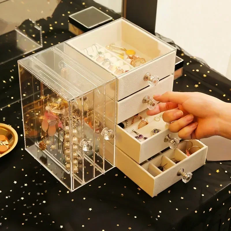 Household Plastic Drawer Type Jewelry Storage Box Transparent Finishing Makeup Organizer Earrings Display Stand Rack Accessories