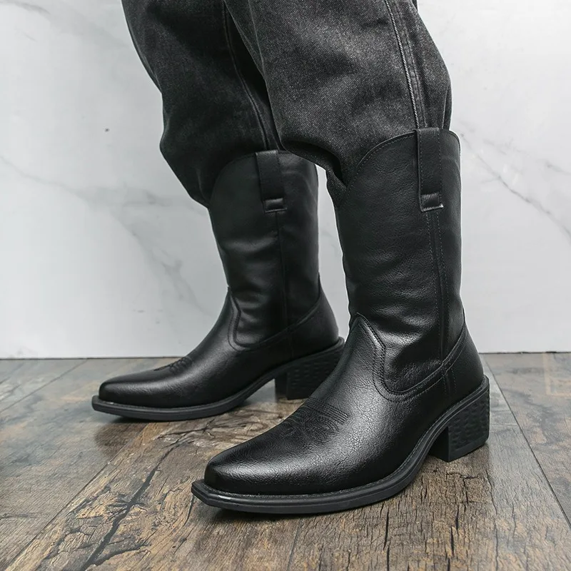 Men Boots Classic Embroidery Western Cowboy Boot Fashion Pointed Mid-calf Leather Boots Men High-top Knight Boot Large Size38-46