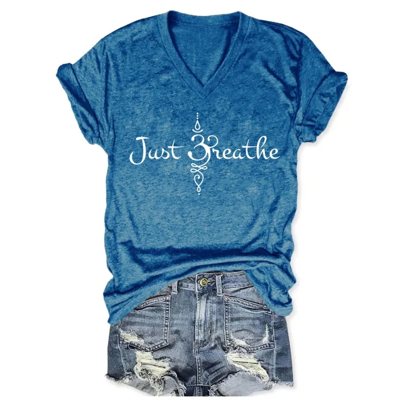 ilstile Women's Just Breath Print T-Shirts Summer Short Sleeve Casual Loose V Neck Tops Blue Tees Hot Sale