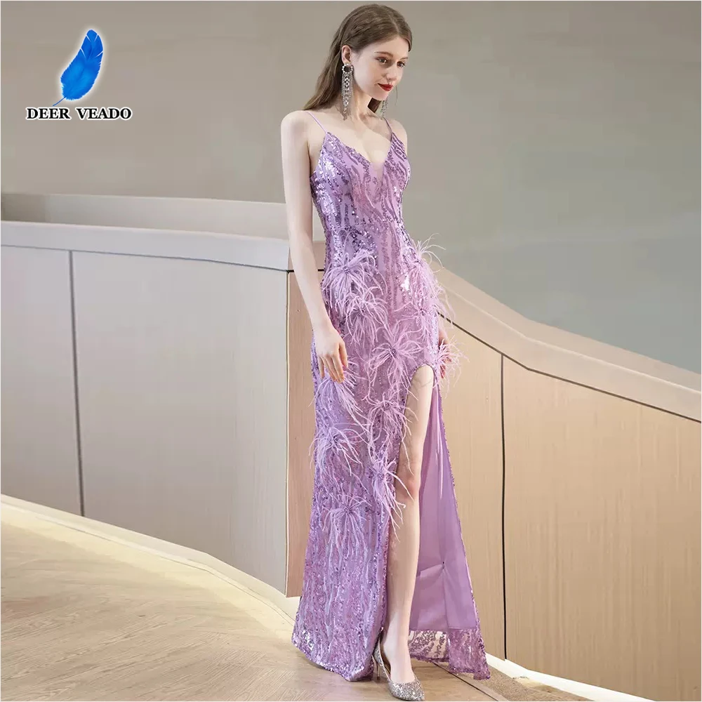 DEERVEADO Strap Slit Evening Dress with Feathers Women\'s Lavender Color Sequins Party Maxi Dress Formal Occasion Dresses Long