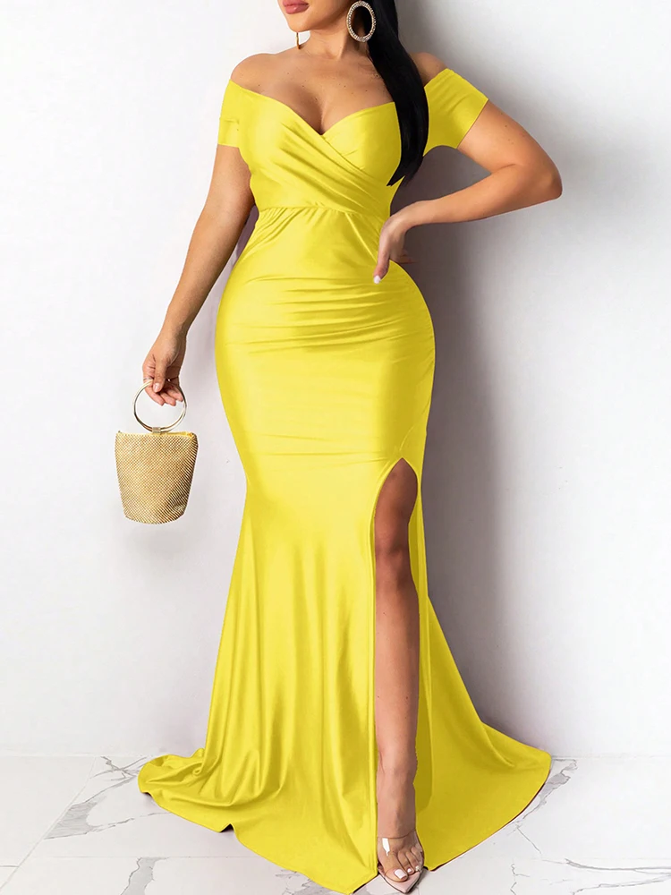 فستان سهرة كلاسيكي بفتحة عالية للنساء فساتين طويلة ماكسي متينة بأكمام فساتين حفلات الزفاف الأنيقة 2025 امرأة