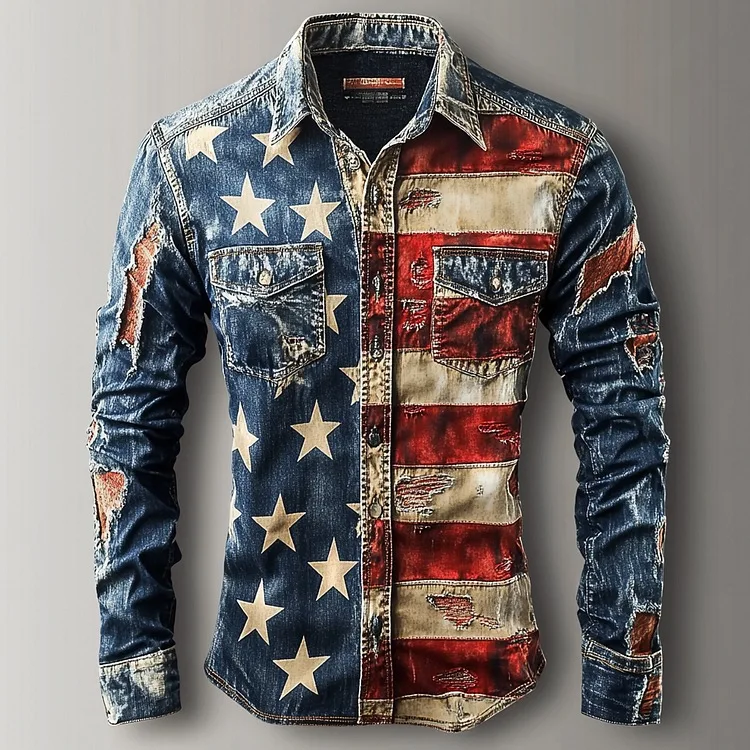 

Vintage Men's Long Sleeve Shirt American US Flag Patriotic Shirt Button Up Streetwear Casual Comfort Polyester Slim Fit Shirts