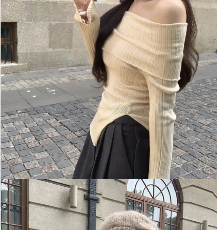 Retro Design Sense Irregular Slit Thin Knit Sweater for Women Slimming Off One Shoulder Top Trendy