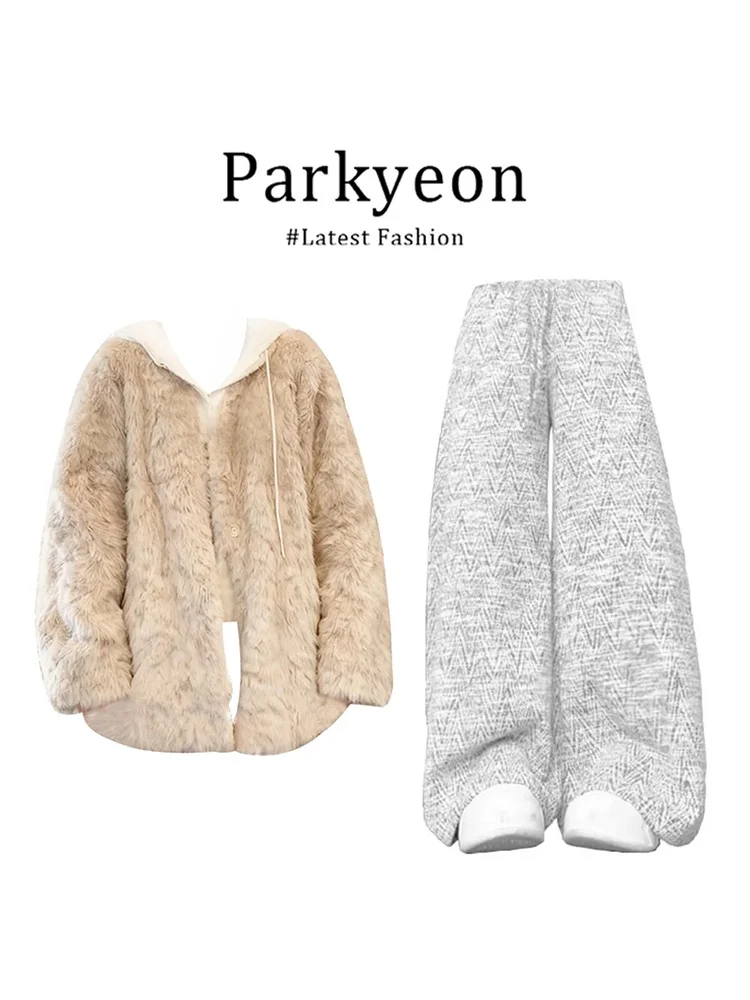 

Parkyeon Women's Plush Coat Lace Hoodie Bottoming Shirt Wide Leg Pants Three Piece Set Winter Casual Loose Fit Korean Style