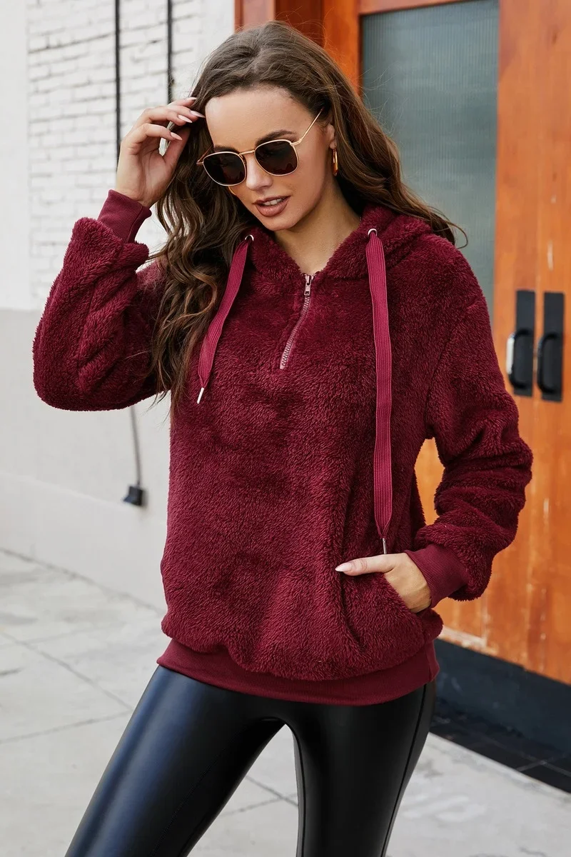 

Women Solid Colors Big Pocket Pullover Sweatshirts Chic Autumn Winter Warm Casual Loose Hoodies Thicken Furry Hooded Sweatshirts