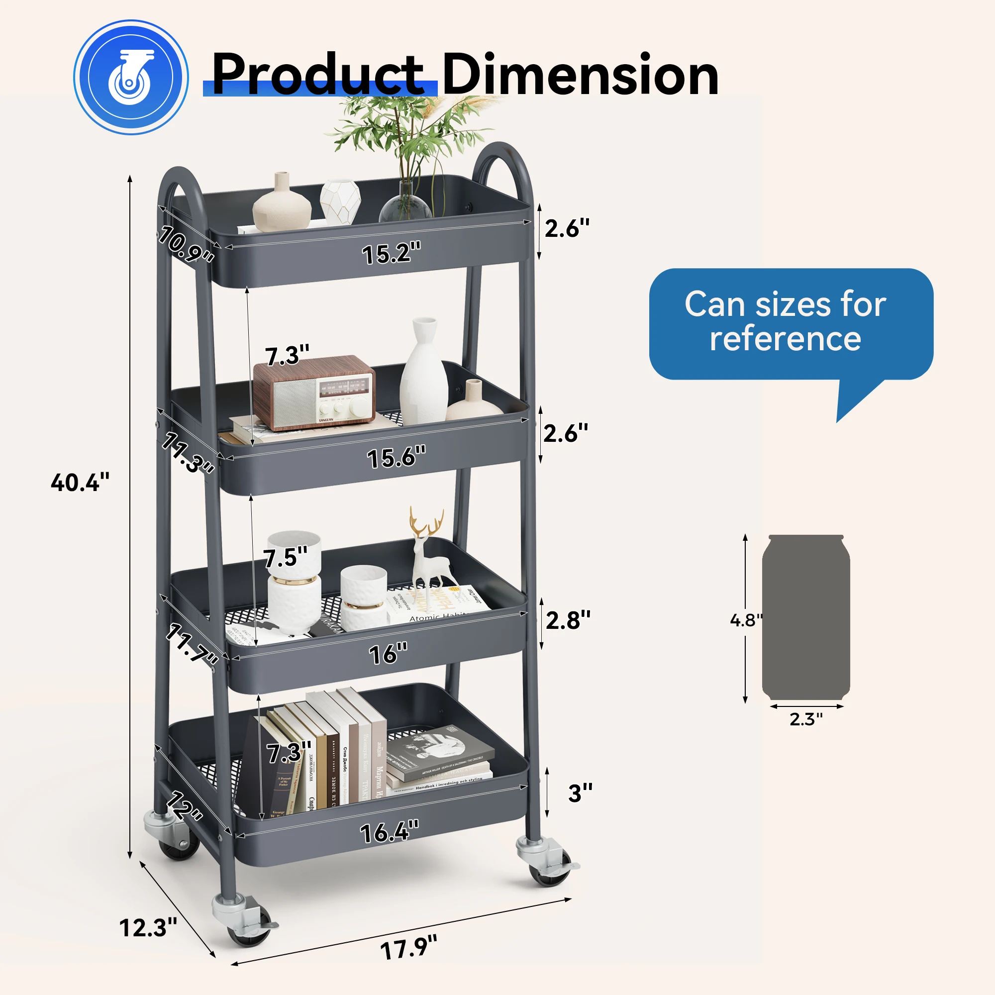 JHK 4 Tier Metal Storage Kitchen Cart with Lockable Wheels Mobile Shelving Unit Utility Rolling Organizer For Home Narrow Places image 5