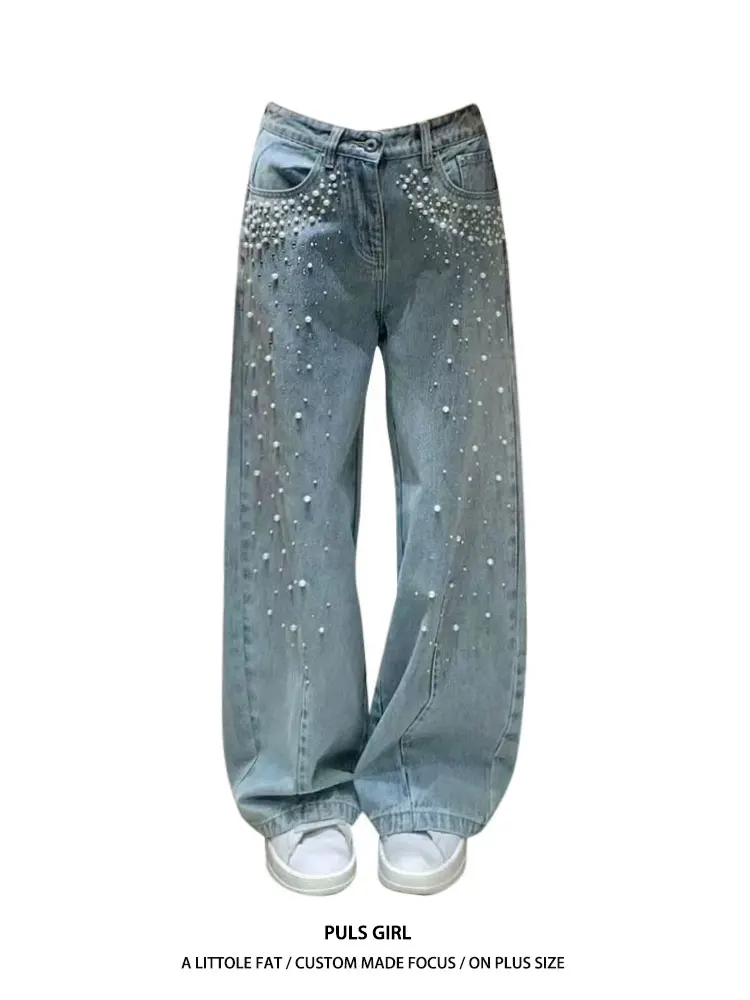 

American Style Vintage Washed Large Size Pearl Knife Jeans Women's Loose Fit Casual High Waist Straight Leg Pants