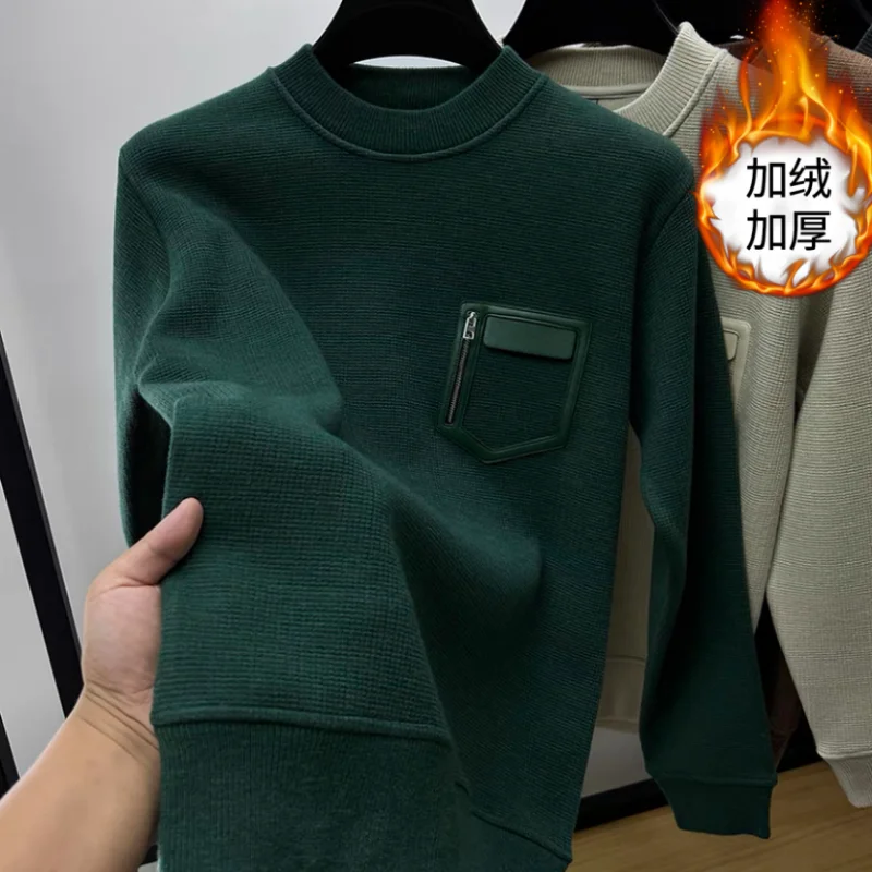 Autumn Winter Men Trendy Vintage Simple Fleece Warm Sweatshirt Y2K Casual StreetwearHoodie Solid Long Sleeve Loose Pullover Tops