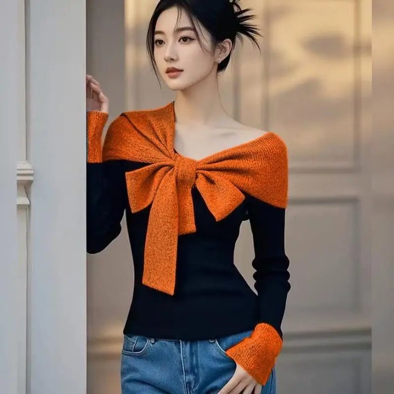 Hot 2025 Autumn Winter New Women Fashion Fake Two Piece Bow Knitted Sweater Light Luxury Design Super Beautiful Knitted Sweater