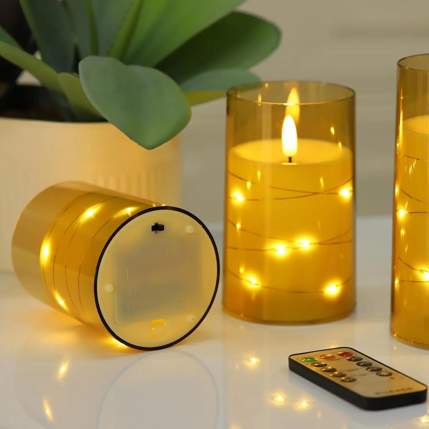 Flameless LED Candles w/Remote 3D Flickering Candle f/Romantic Ambiance Home Decoration Acrylic Shell  with Embedded Star String