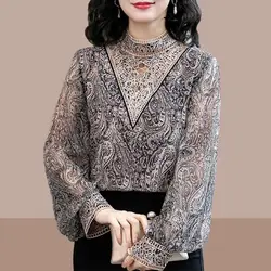 Mode Vintage Paisley Gedruckt Chiffon Hemd Frühling Herbst Spitze Stickerei Weibliche Elegante Aushöhlen Lose Stehkragen Bluse