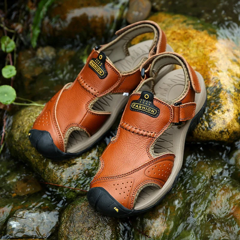 New Fashion Genuine Leather Men Shoes Summer Men\'s Sandals Anti-collision Fashion Beach Sandals Slippers Big Size 38-48