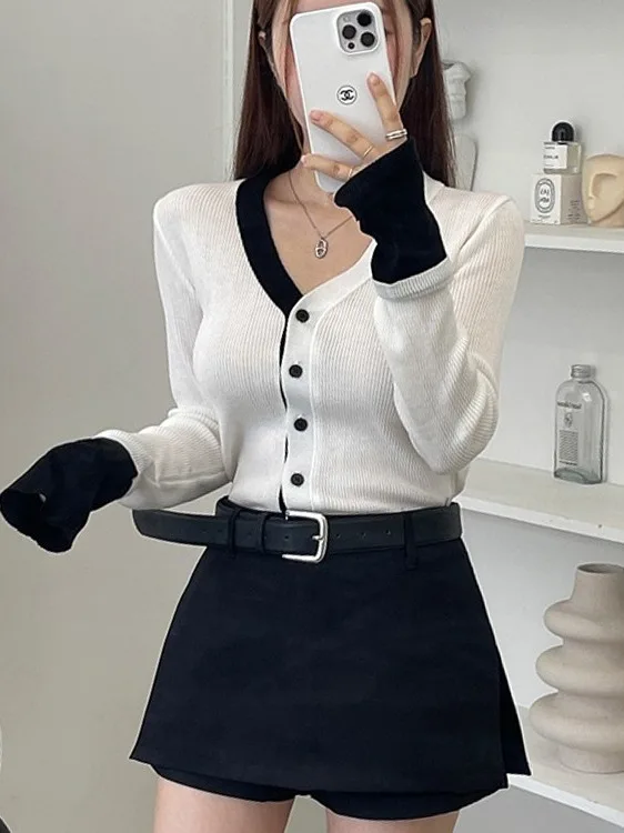 Ele fino ajuste de malha aberta cardigan feminino outono inverno novo sle v ne camada base personali camisola francês sle