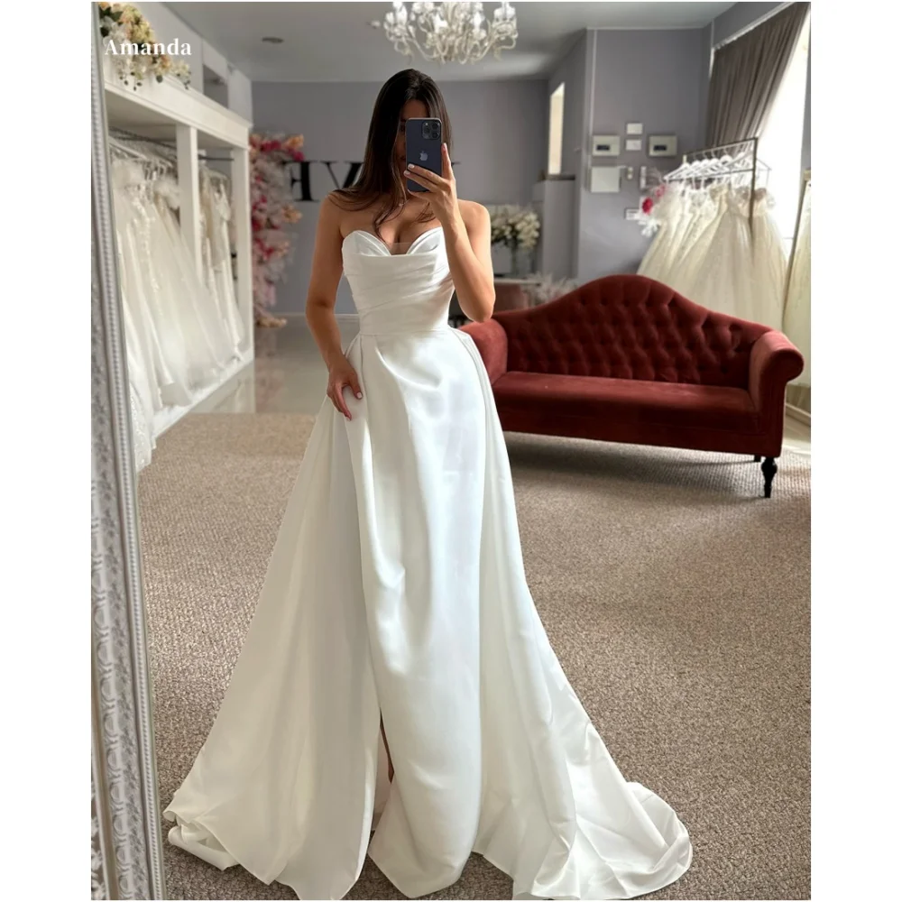 Amanda Customized White Strapless Heart-Shaped Neckline فساتين سهرات Satin vestidos de fiesta Sleeveless A-line Wedding Dress