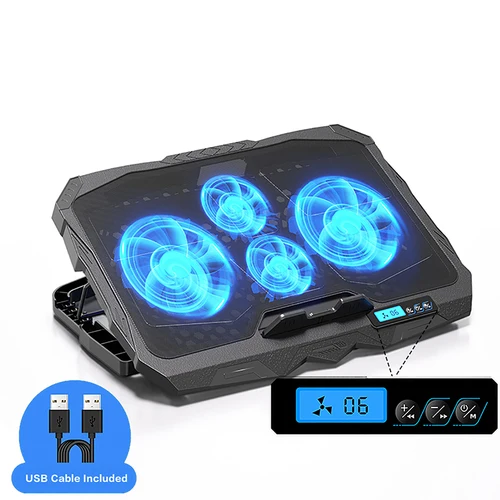Soporte de refrigeración para ordenador portátil, 5 alturas y 6 velocidades de viento ajustables para portátil de 17 pulgadas con 4 ventiladores, pantalla de cristal líquido y 2 puertos USB
