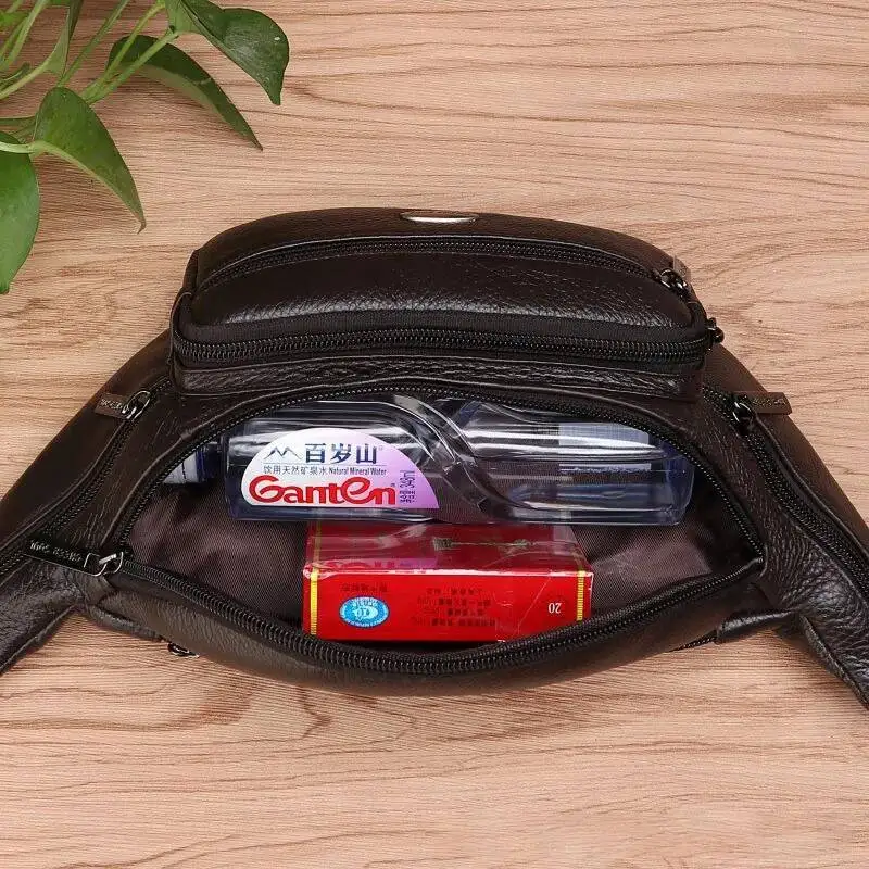 Genuine Leather Men Waist Fanny Pack Bags Sling Chest Pocket Pouch Travel Hiking Male Real Cowhide Loop Hip Belt
