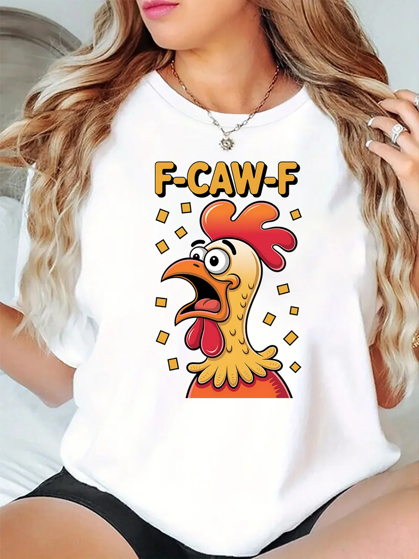 Funny F Caw F Surprised Rooster Head Cartoon Art Print Graphic Womens T Shirt Short Sleeve Crew Neck Casual Ladies Tee Tops