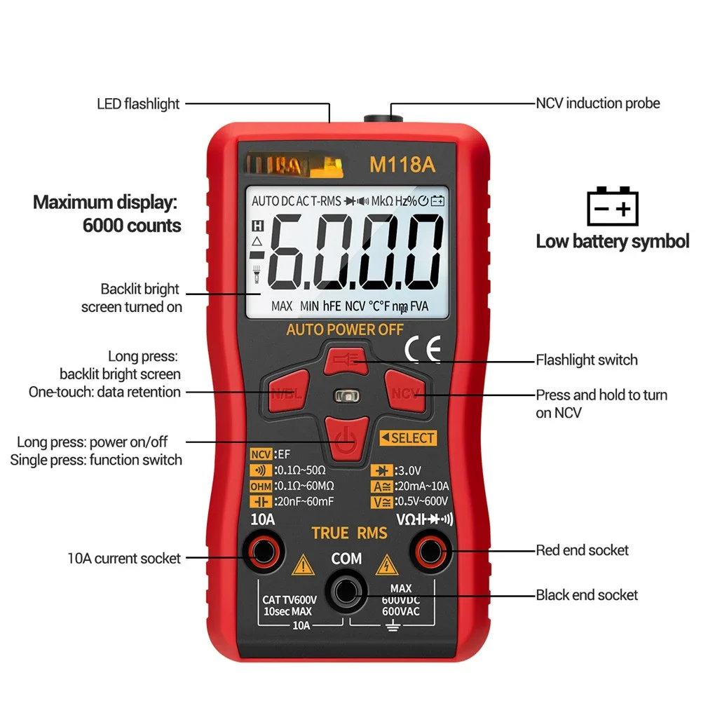 M118A Digital Mini Multimeter Tester Auto Mmultimetro True Rms Tranistor Meter with NCV Data Hold 6000counts Flashlight