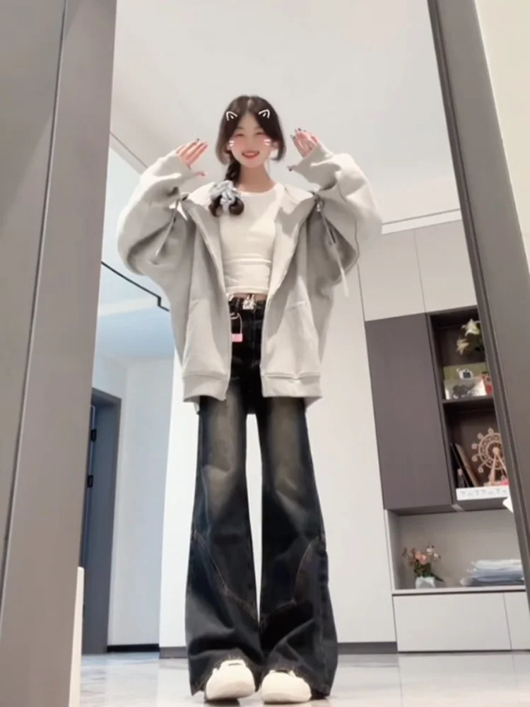 미국 하이 스트리트 벨 보트 진 여성용 봄 가을 2025 신상 레트로 하이웨이스트 슬림 스트레이트 와이드 레그 허프 팬츠