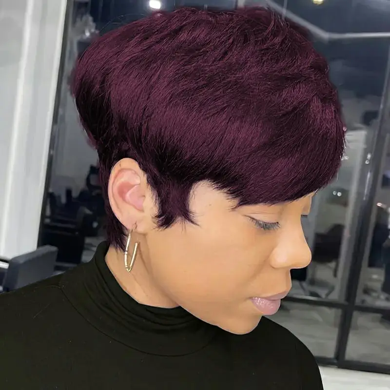 짧은 픽시컷 스트레이트 밥 100% 인모 앞머리 가발