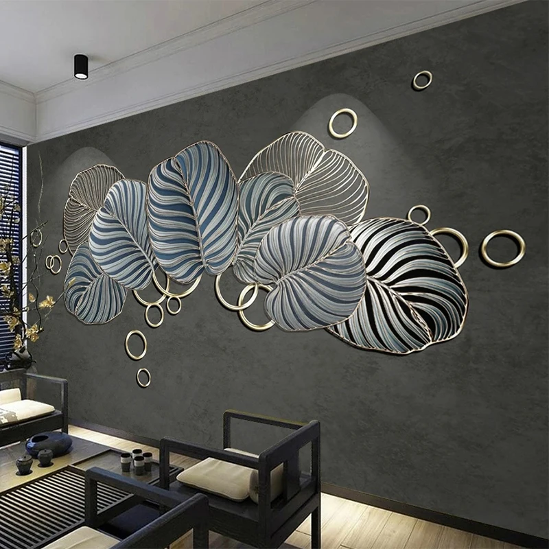 Custom Mural Wallpaper Modern 3D Golden Embossed Line Blue leaves Background Wall Room TV Bedroom Home Decor Papel De Parede 3d