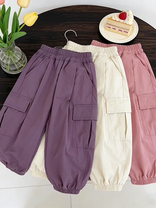 Girls Loose Fit Cargo Pants Summer 2026 New Style Multi-Pocket Elastic Waist Casual Trousers for Kids High Waist Long Pants