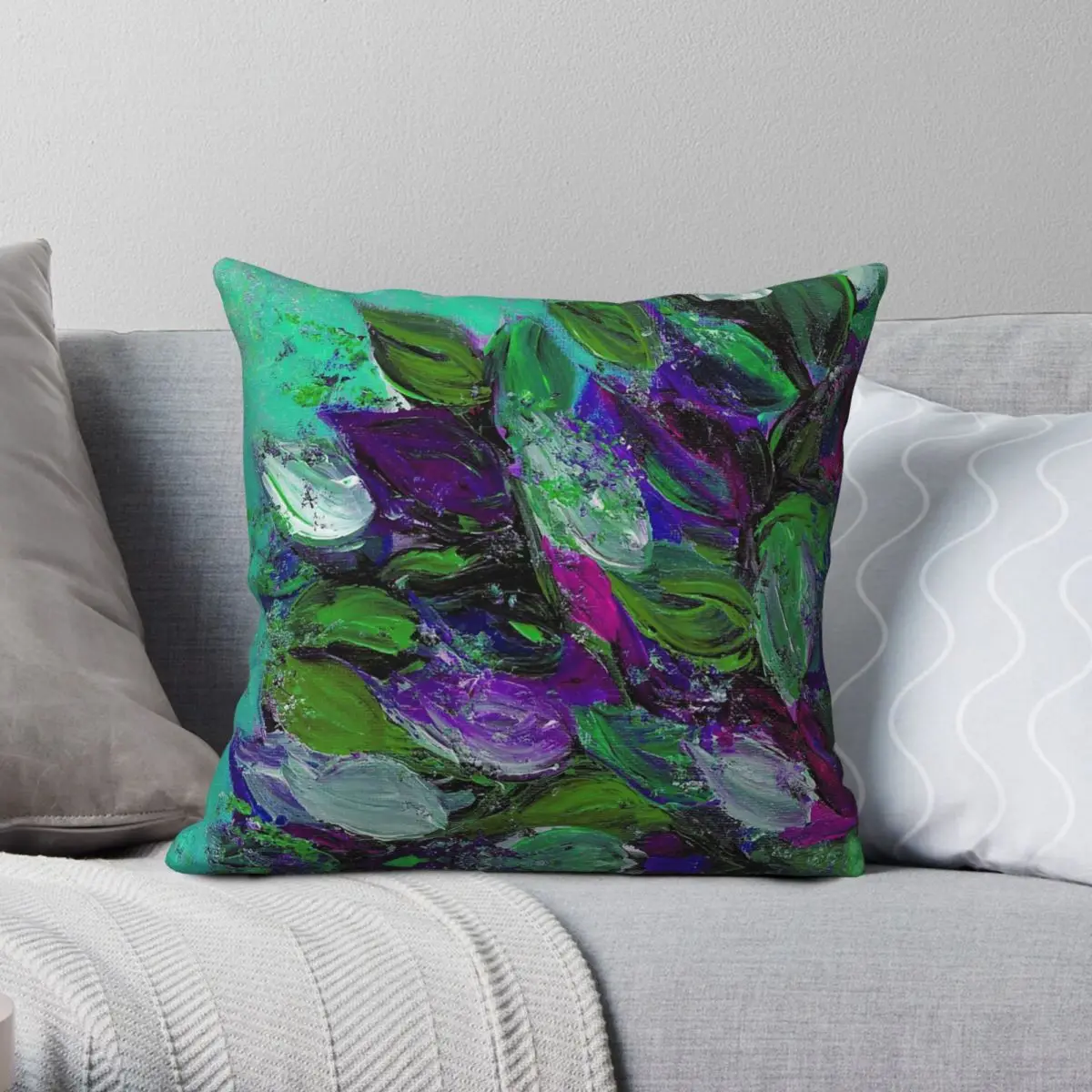 Blooming Mint Green Purple Square Pillowcase Polyester Linen Velvet Printed Zip Decor Throw Pillow Case Bed Cushion Cover