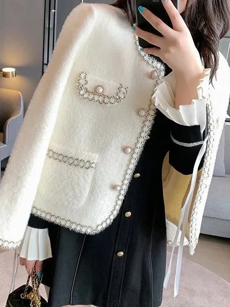 2024 Herbst Winter Nachahmung Nerz Fleece Strick mäntel koreanische Mode O-Ausschnitt einreihige Strickjacke Tops neue lässige Kurz mantel