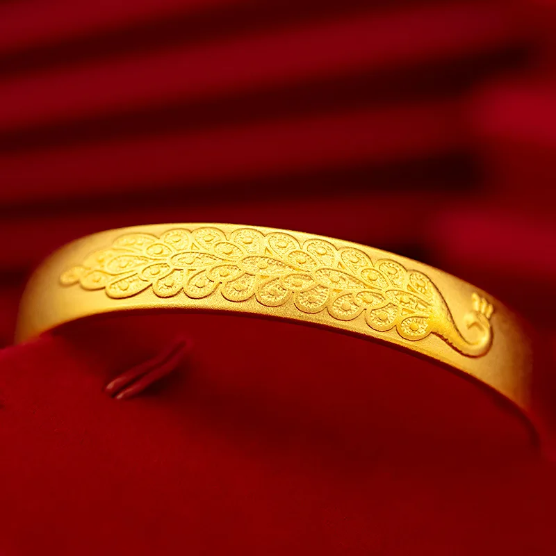 9999 Real Gold 24K Gold Ancient Heart Sutra Peacock Bracelet, Women's Open Heart Sutra Peacock Bracelet