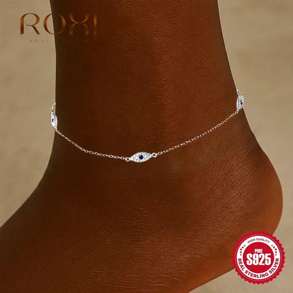 ROXI – Bracelet de cheville en argent Sterling 925 pour femmes, œil du diable/coeur, chaînes exquises, bijoux de plage d'été pour filles, cadeaux