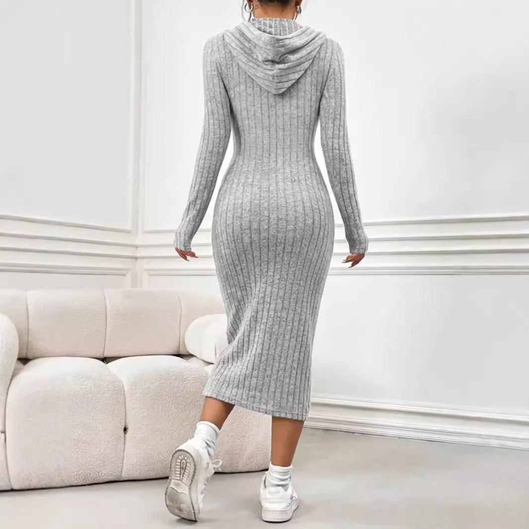 Women's solid color hooded dress slim fit long sleeved sweater Midi dresses For Women 2024 autumn/winter new item