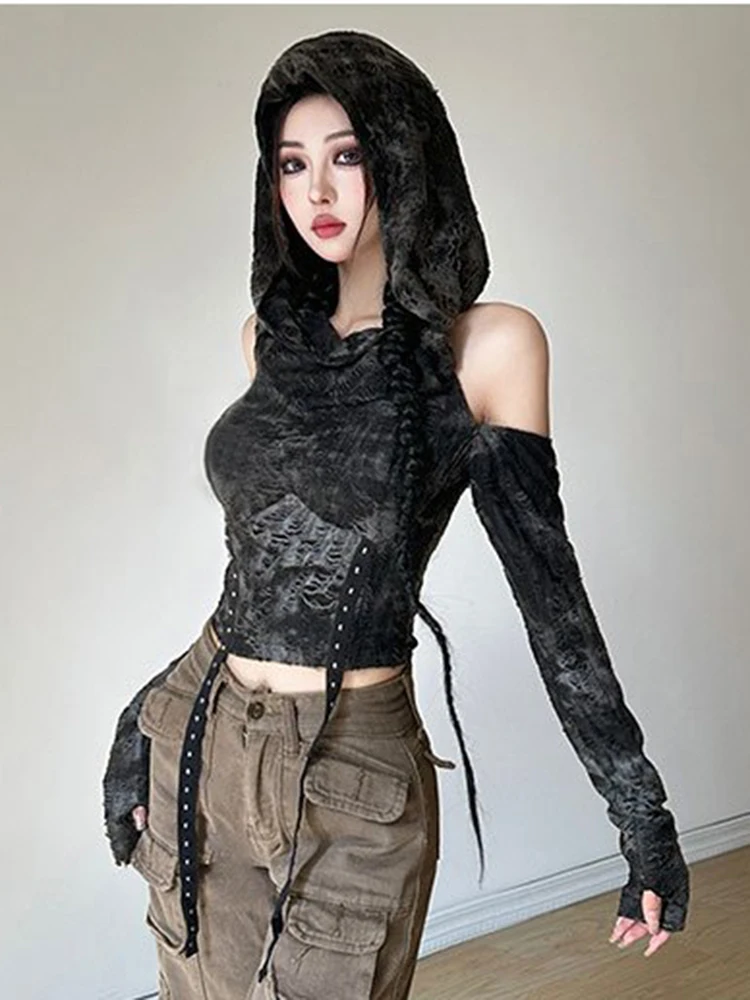 

Y2K Hooded Women T Shirt Hole Streetwear Hotsweet Assassin Style Long Sleeve Tees Autumn High Street Retro Patchwork Crop Tops